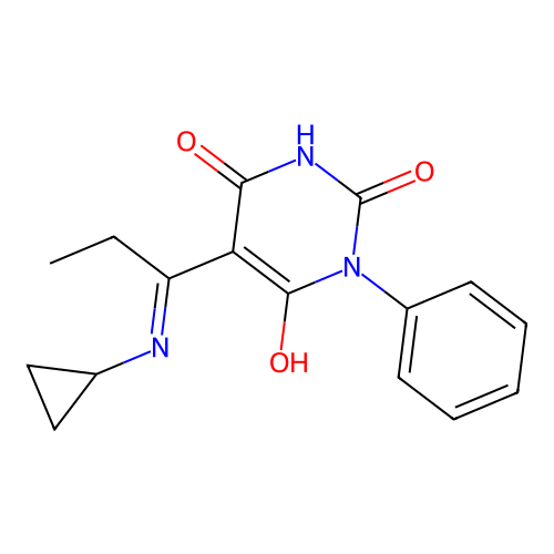 5-[1-(cyclopropylamino)propylidene]-1-phenyl-1,3-diazinane-2,4,6-trione structure