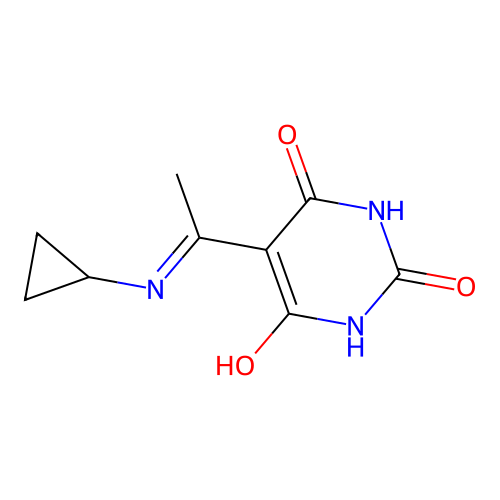 (5Z)-5-[1-(cyclopropylamino)ethylidene]-2,6-dihydroxypyrimidin-4(5H)-one structure
