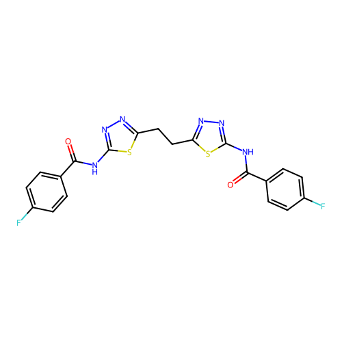 N,N'-(ethane-1,2-diyldi-1,3,4-thiadiazol-2-yl-5-ylidene)bis(4-fluorobenzamide) structure