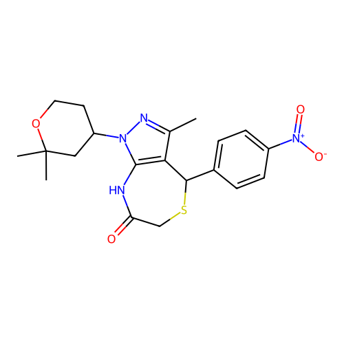 1-(2,2-dimethyloxan-4-yl)-3-methyl-4-(4-nitrophenyl)-2,4-dihydropyrazolo[3,4-e][1,4]thiazepin-7-one structure