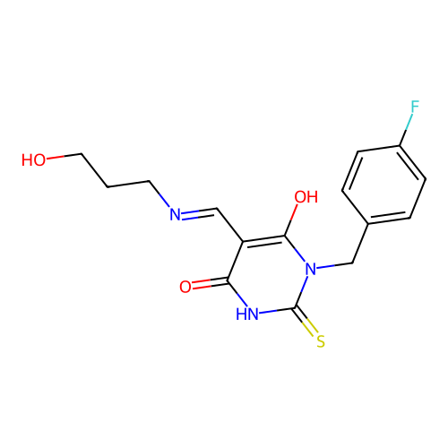 (E)-1-(4-fluorobenzyl)-5-(((3-hydroxypropyl)amino)methylene)-2-thioxodihydropyrimidine-4,6(1H,5H)-dione structure