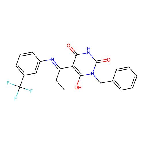 (E)-1-benzyl-5-(1-((3-(trifluoromethyl)phenyl)amino)propylidene)pyrimidine-2,4,6(1H,3H,5H)-trione structure