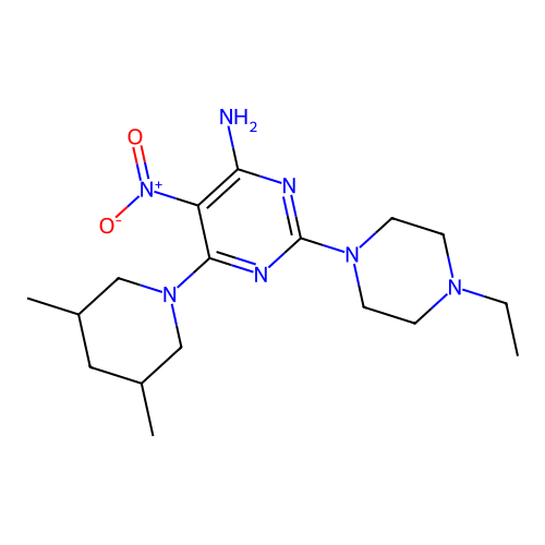 6-(3,5-dimethylpiperidin-1-yl)-2-(4-ethylpiperazin-1-yl)-5-nitropyrimidin-4-amine structure