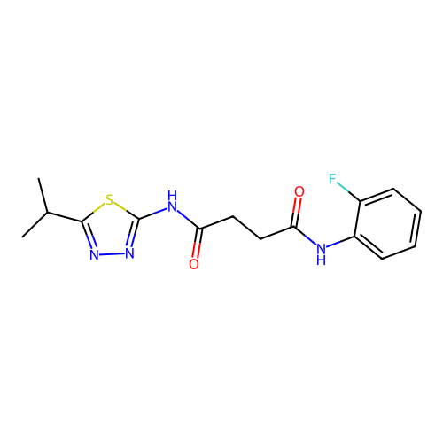 N1-(2-fluorophenyl)-N4-(5-isopropyl-1,3,4-thiadiazol-2-yl)succinamide structure