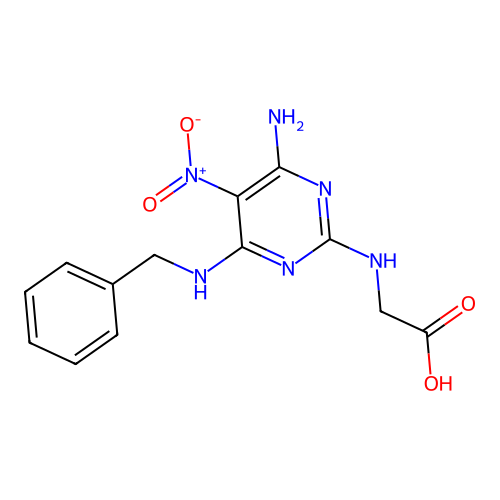 N-[4-amino-6-(benzylamino)-5-nitropyrimidin-2-yl]glycine structure