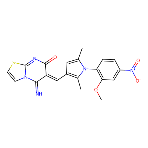 (6Z)-5-imino-6-[[1-(2-methoxy-4-nitrophenyl)-2,5-dimethylpyrrol-3-yl]methylidene]-[1,3]thiazolo[3,2-a]pyrimidin-7-one structure