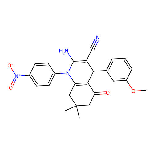 2-amino-4-(3-methoxyphenyl)-7,7-dimethyl-1-(4-nitrophenyl)-5-oxo-1,4,5,6,7,8-hexahydroquinoline-3-carbonitrile structure