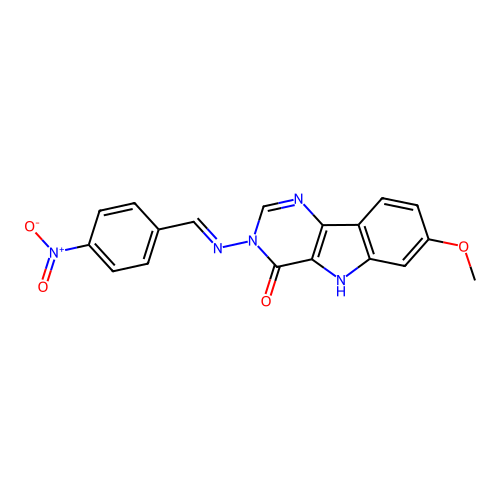 (E)-7-methoxy-3-((4-nitrobenzylidene)amino)-3H-pyrimido[5,4-b]indol-4(5H)-one structure