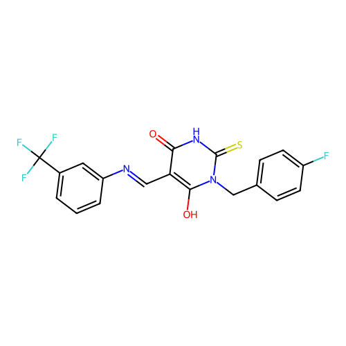 (5E)-1-(4-fluorobenzyl)-2-sulfanyl-5-({[3-(trifluoromethyl)phenyl]amino}methylidene)pyrimidine-4,6(1H,5H)-dione structure