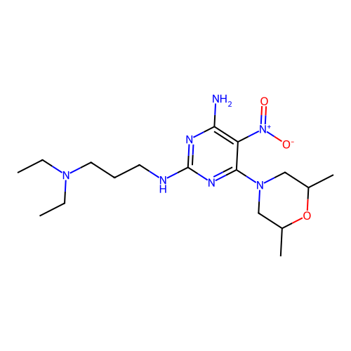 2-N-[3-(diethylamino)propyl]-6-(2,6-dimethylmorpholin-4-yl)-5-nitropyrimidine-2,4-diamine structure