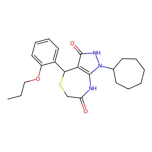 1-cycloheptyl-3-hydroxy-4-(2-propoxyphenyl)-6,8-dihydro-1H-pyrazolo[3,4-e][1,4]thiazepin-7(4H)-one structure