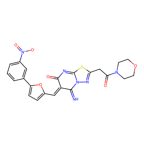 (6Z)-5-imino-2-(2-morpholin-4-yl-2-oxoethyl)-6-[[5-(3-nitrophenyl)furan-2-yl]methylidene]-[1,3,4]thiadiazolo[3,2-a]pyrimidin-7-one structure