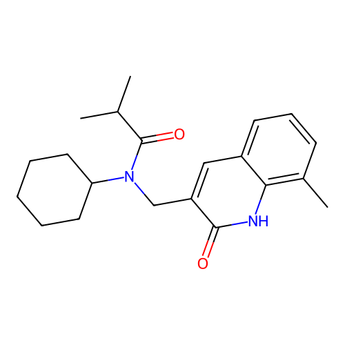 N-cyclohexyl-2-methyl-N-[(8-methyl-2-oxo-1H-quinolin-3-yl)methyl]propanamide structure