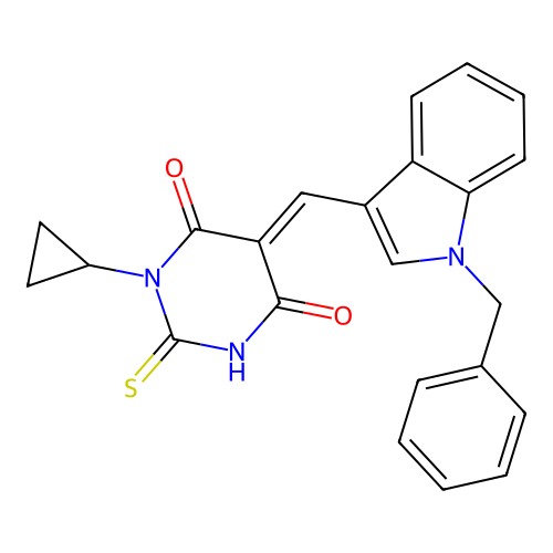 (5E)-5-[(1-benzyl-1H-indol-3-yl)methylidene]-1-cyclopropyl-2-sulfanylpyrimidine-4,6(1H,5H)-dione structure