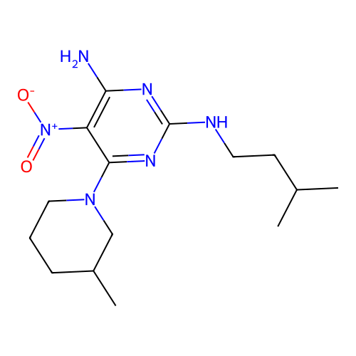 N~2~-(3-methylbutyl)-6-(3-methylpiperidin-1-yl)-5-nitropyrimidine-2,4-diamine structure