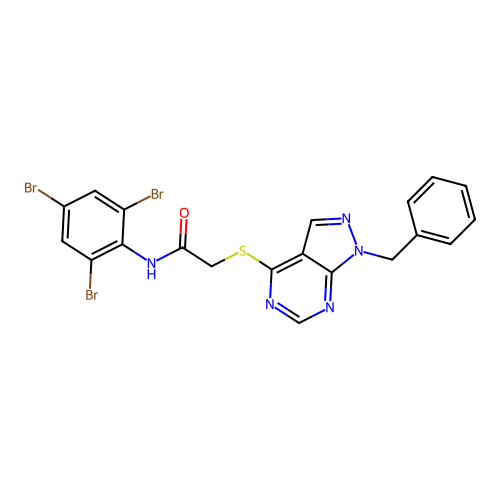 2-((1-benzyl-1H-pyrazolo[3,4-d]pyrimidin-4-yl)thio)-N-(2,4,6-tribromophenyl)acetamide structure