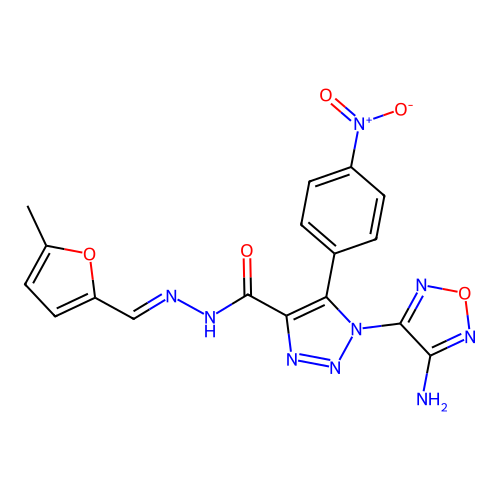 (E)-1-(4-amino-1,2,5-oxadiazol-3-yl)-N'-((5-methylfuran-2-yl)methylene)-5-(4-nitrophenyl)-1H-1,2,3-triazole-4-carbohydrazide structure