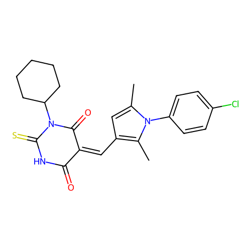 (5Z)-5-[[1-(4-chlorophenyl)-2,5-dimethylpyrrol-3-yl]methylidene]-1-cyclohexyl-2-sulfanylidene-1,3-diazinane-4,6-dione structure