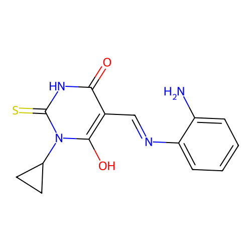 5-[(2-aminoanilino)methylidene]-1-cyclopropyl-2-sulfanylidene-1,3-diazinane-4,6-dione structure