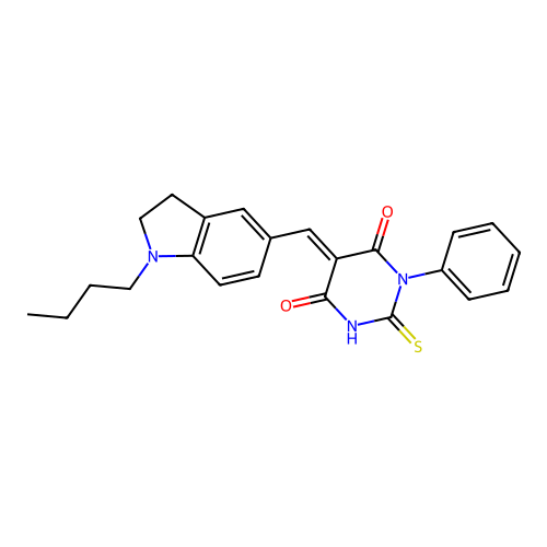 (5E)-5-[(1-butyl-2,3-dihydro-1H-indol-5-yl)methylidene]-1-phenyl-2-sulfanylpyrimidine-4,6(1H,5H)-dione structure