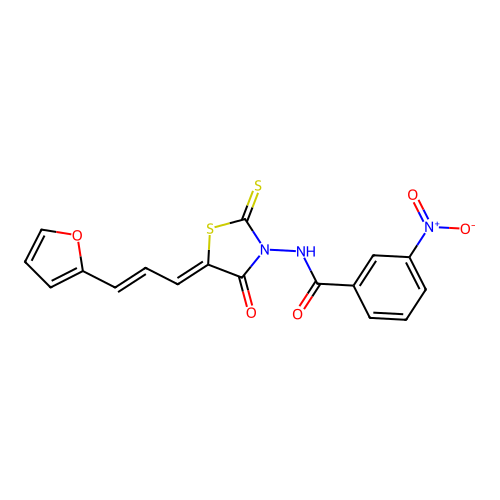 N-((Z)-5-((E)-3-(furan-2-yl)allylidene)-4-oxo-2-thioxothiazolidin-3-yl)-3-nitrobenzamide structure
