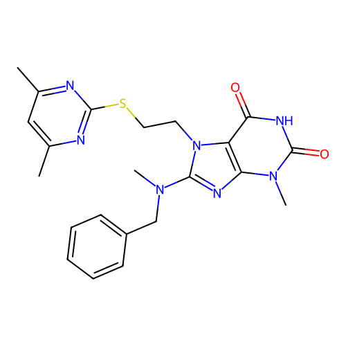8-(benzyl(methyl)amino)-7-(2-((4,6-dimethylpyrimidin-2-yl)thio)ethyl)-3-methyl-1H-purine-2,6(3H,7H)-dione structure
