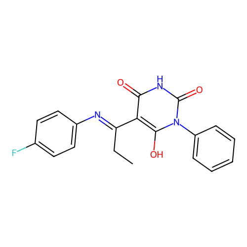 (E)-5-(1-((4-fluorophenyl)amino)propylidene)-1-phenylpyrimidine-2,4,6(1H,3H,5H)-trione structure