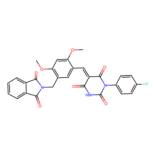 (5E)-5-[[5-[(1,3-dioxoisoindol-2-yl)methyl]-2,4-dimethoxyphenyl]methylidene]-1-(4-fluorophenyl)-1,3-diazinane-2,4,6-trione structure