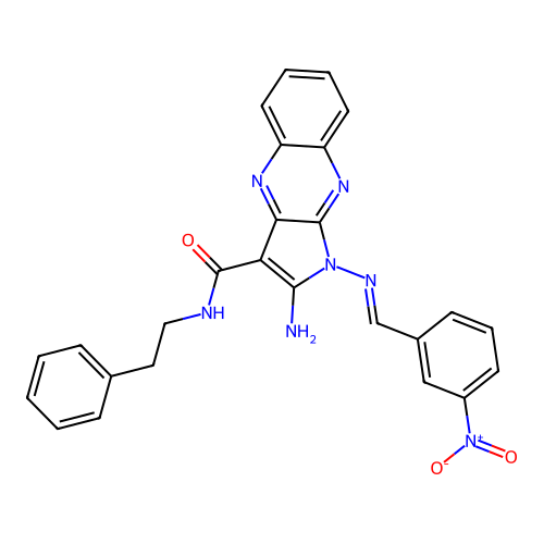 (E)-2-amino-1-((3-nitrobenzylidene)amino)-N-phenethyl-1H-pyrrolo[2,3-b]quinoxaline-3-carboxamide structure