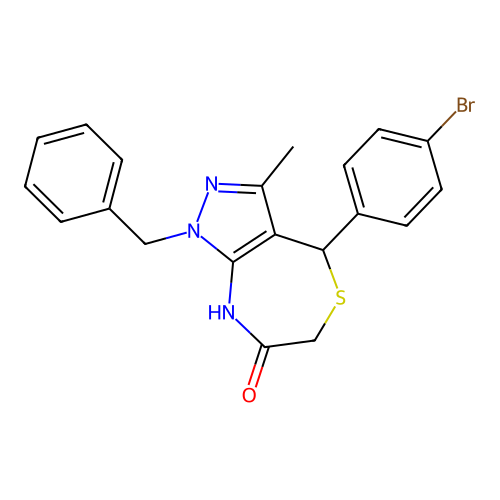 1-benzyl-4-(4-bromophenyl)-3-methyl-2,4-dihydropyrazolo[3,4-e][1,4]thiazepin-7-one structure