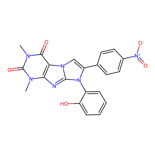 8-(2-hydroxyphenyl)-1,3-dimethyl-7-(4-nitrophenyl)-1H-imidazo[2,1-f]purine-2,4(3H,8H)-dione structure