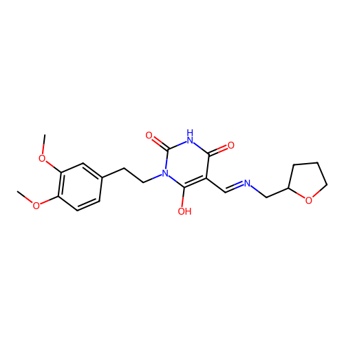 (5E)-3-[2-(3,4-dimethoxyphenyl)ethyl]-6-hydroxy-5-{[(tetrahydrofuran-2-ylmethyl)amino]methylidene}pyrimidine-2,4(3H,5H)-dione structure