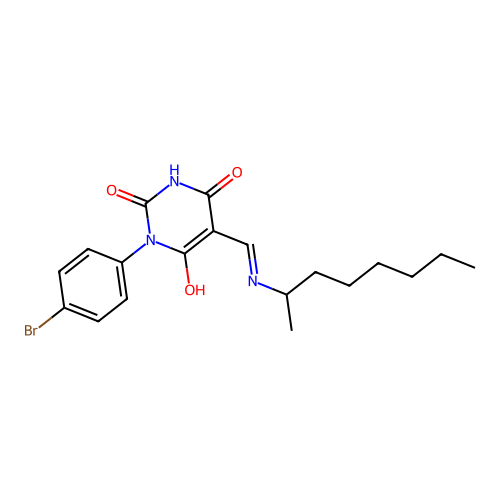 (Z)-1-(4-bromophenyl)-5-((octan-2-ylamino)methylene)pyrimidine-2,4,6(1H,3H,5H)-trione structure