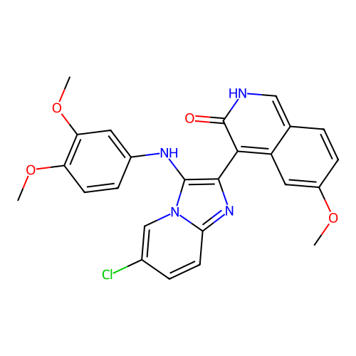 4-(6-chloro-3-((3,4-dimethoxyphenyl)amino)imidazo[1,2-a]pyridin-2-yl)-6-methoxyisoquinolin-3-ol structure