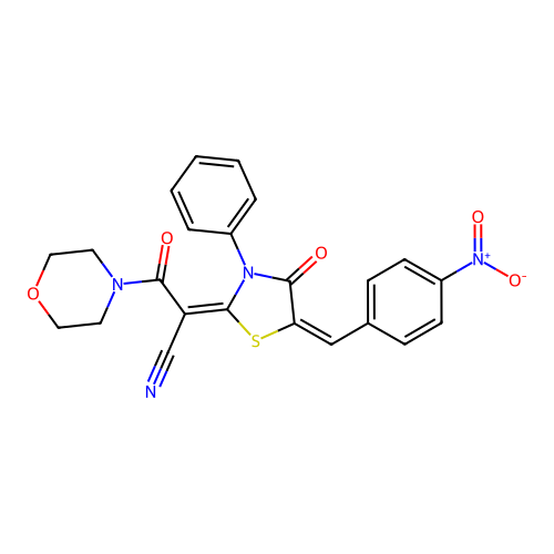 (E)-3-morpholino-2-((E)-5-(4-nitrobenzylidene)-4-oxo-3-phenylthiazolidin-2-ylidene)-3-oxopropanenitrile structure