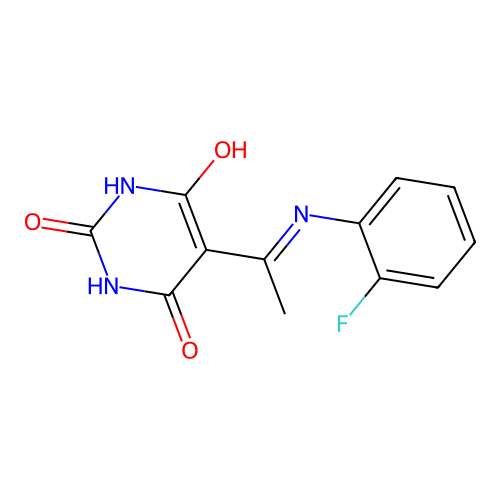(5Z)-5-{1-[(2-fluorophenyl)amino]ethylidene}-2,6-dihydroxypyrimidin-4(5H)-one structure
