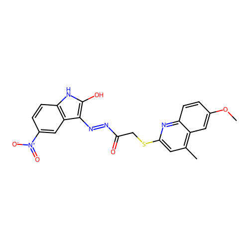 (E)-2-((6-methoxy-4-methylquinolin-2-yl)thio)-N'-(5-nitro-2-oxoindolin-3-ylidene)acetohydrazide structure