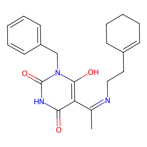 (E)-1-benzyl-5-(1-((2-(cyclohex-1-en-1-yl)ethyl)amino)ethylidene)pyrimidine-2,4,6(1H,3H,5H)-trione structure