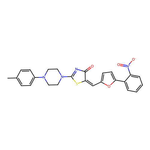 (5E)-2-[4-(4-methylphenyl)piperazin-1-yl]-5-[[5-(2-nitrophenyl)furan-2-yl]methylidene]-1,3-thiazol-4-one structure