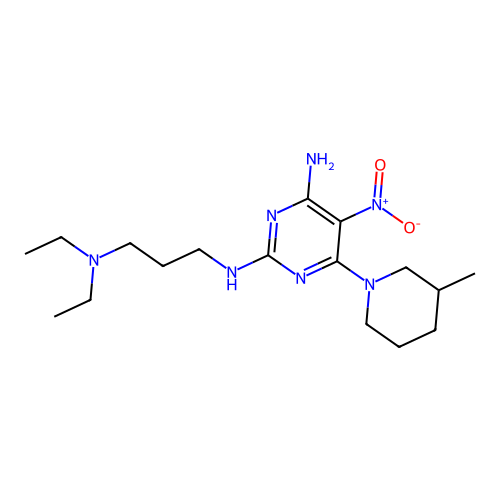 (3-{[4-amino-6-(3-methylpiperidyl)-5-nitropyrimidin-2-yl]amino}propyl)diethyla mine structure