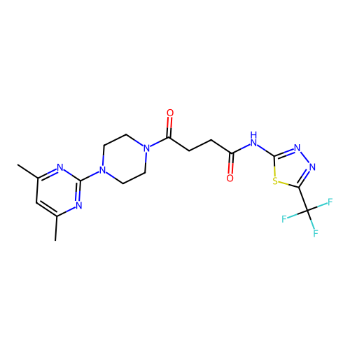 4-(4-(4,6-dimethylpyrimidin-2-yl)piperazin-1-yl)-4-oxo-N-(5-(trifluoromethyl)-1,3,4-thiadiazol-2-yl)butanamide structure