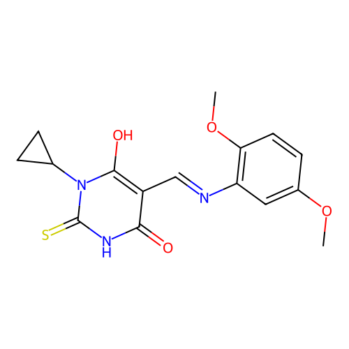 (5Z)-1-cyclopropyl-5-[(2,5-dimethoxyanilino)methylidene]-2-sulfanylidene-1,3-diazinane-4,6-dione structure