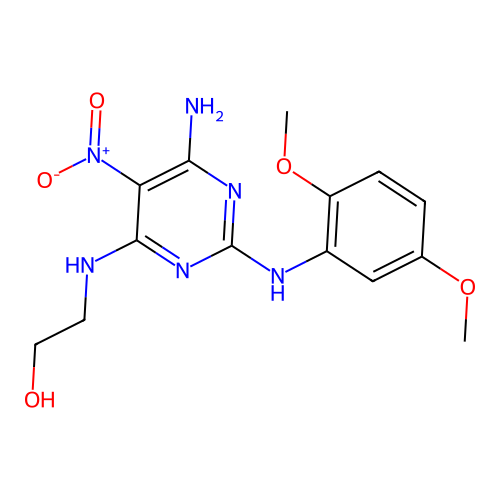 2-[[6-amino-2-(2,5-dimethoxyanilino)-5-nitropyrimidin-4-yl]amino]ethanol structure