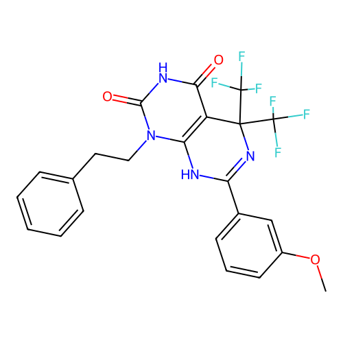 4-hydroxy-7-(3-methoxyphenyl)-1-(2-phenylethyl)-5,5-bis(trifluoromethyl)-5,8-dihydropyrimido[4,5-d]pyrimidin-2(1H)-one structure