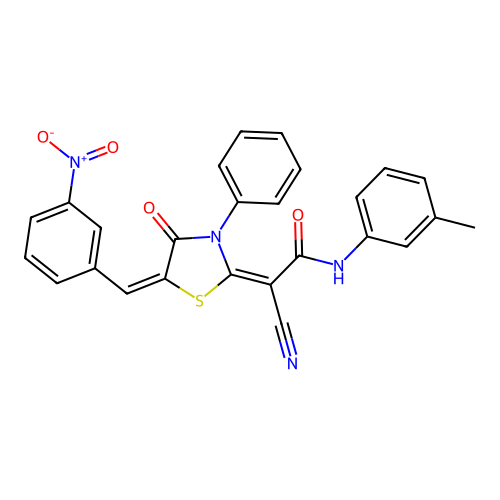 (2E)-2-cyano-N-(3-methylphenyl)-2-[(5E)-5-[(3-nitrophenyl)methylidene]-4-oxo-3-phenyl-1,3-thiazolidin-2-ylidene]acetamide structure