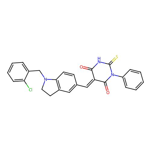 (5E)-5-[[1-[(2-chlorophenyl)methyl]-2,3-dihydroindol-5-yl]methylidene]-1-phenyl-2-sulfanylidene-1,3-diazinane-4,6-dione structure