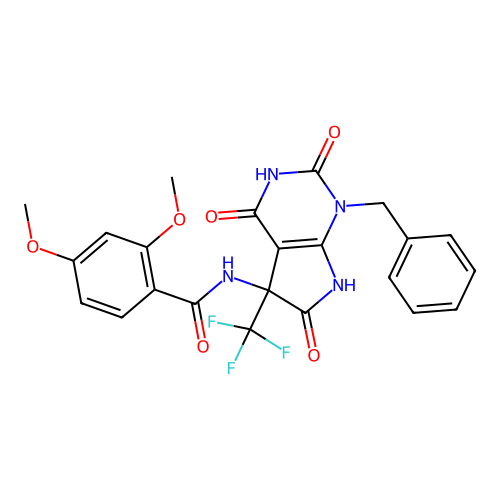 N-(1-benzyl-2,4,6-trioxo-5-(trifluoromethyl)-2,3,4,5,6,7-hexahydro-1H-pyrrolo[2,3-d]pyrimidin-5-yl)-2,4-dimethoxybenzamide structure