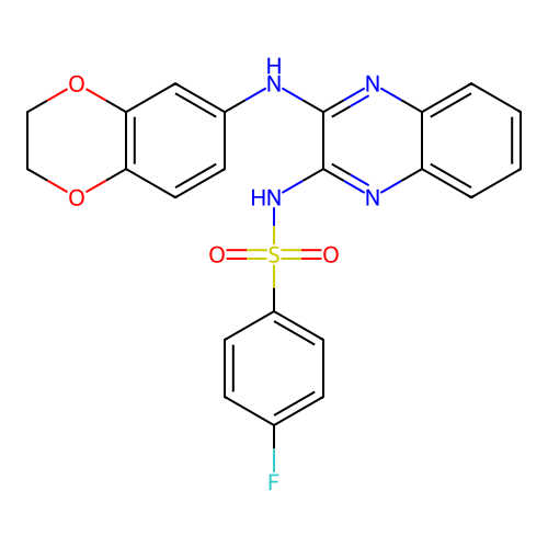 N-[3-(2,3-dihydro-1,4-benzodioxin-6-ylamino)quinoxalin-2-yl]-4-fluorobenzenesulfonamide structure