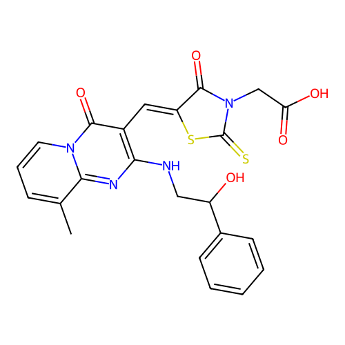 [(5Z)-5-({2-[(2-hydroxy-2-phenylethyl)amino]-9-methyl-4-oxo-4H-pyrido[1,2-a]pyrimidin-3-yl}methylidene)-4-oxo-2-thioxo-1,3-thiazolidin-3-yl]acetic acid structure