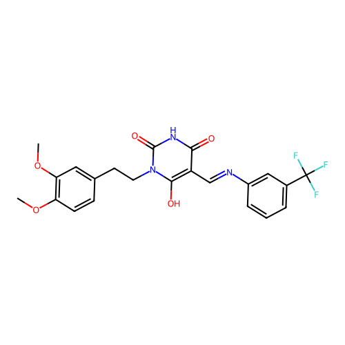 (5E)-1-[2-(3,4-dimethoxyphenyl)ethyl]-5-[[3-(trifluoromethyl)anilino]methylidene]-1,3-diazinane-2,4,6-trione structure